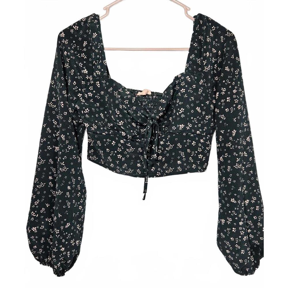LA Hearts Women's Emerald Green Long Sleeve Floral Crop Top Size Medium‎